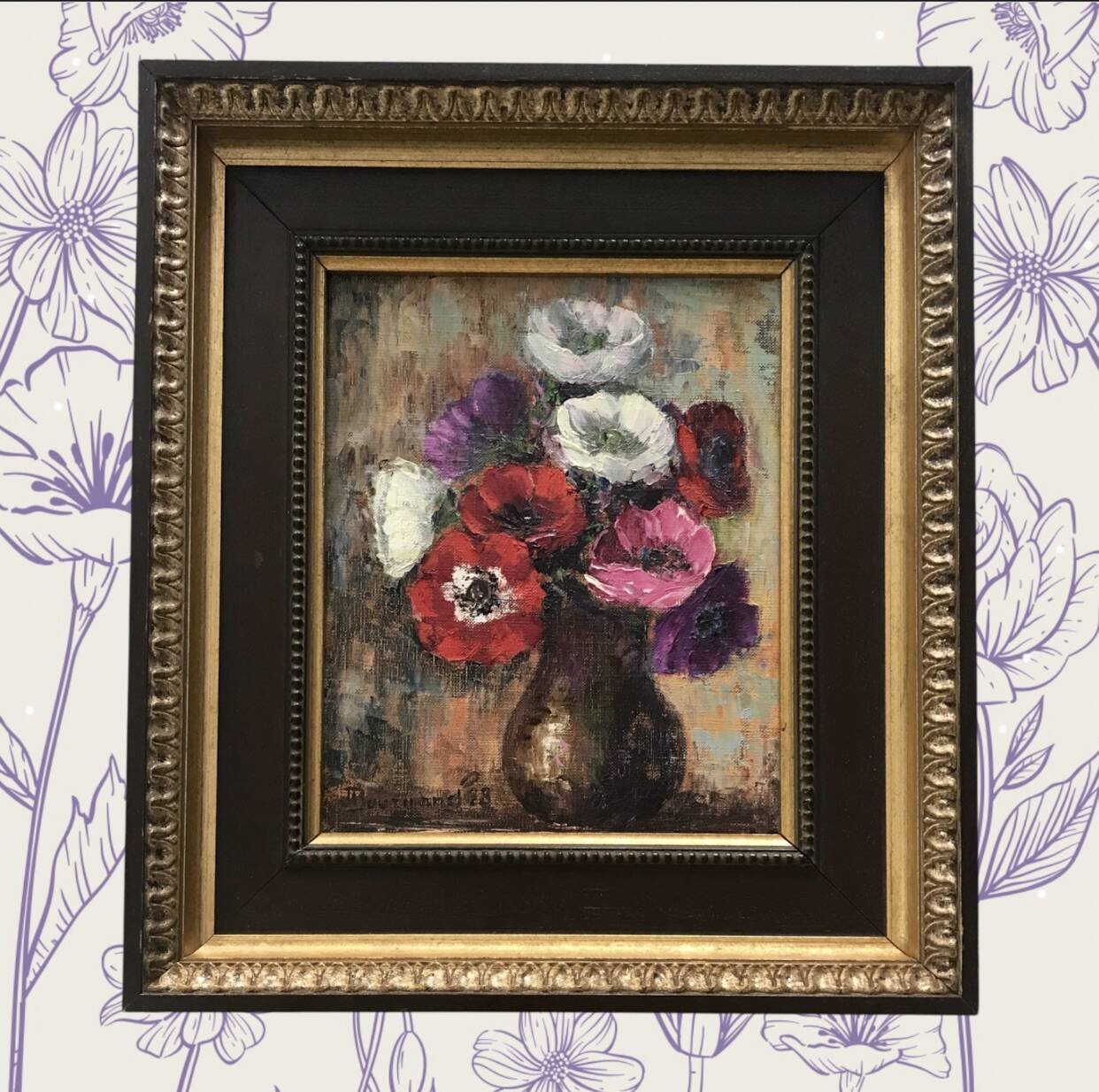 Huile sur toile Bourganel 1978 bouquet de fleurs