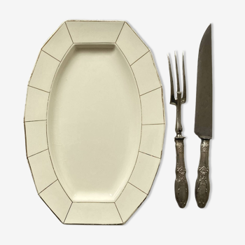 Oblong serving dish in old Badonviller earthenware off-white and vintage gold tableware