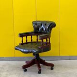 Chesterfield Revolving Captain's Chair with Green Leather Upholstery