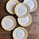 Set of 6 vintage white dinner plates with yellow and gold trim.