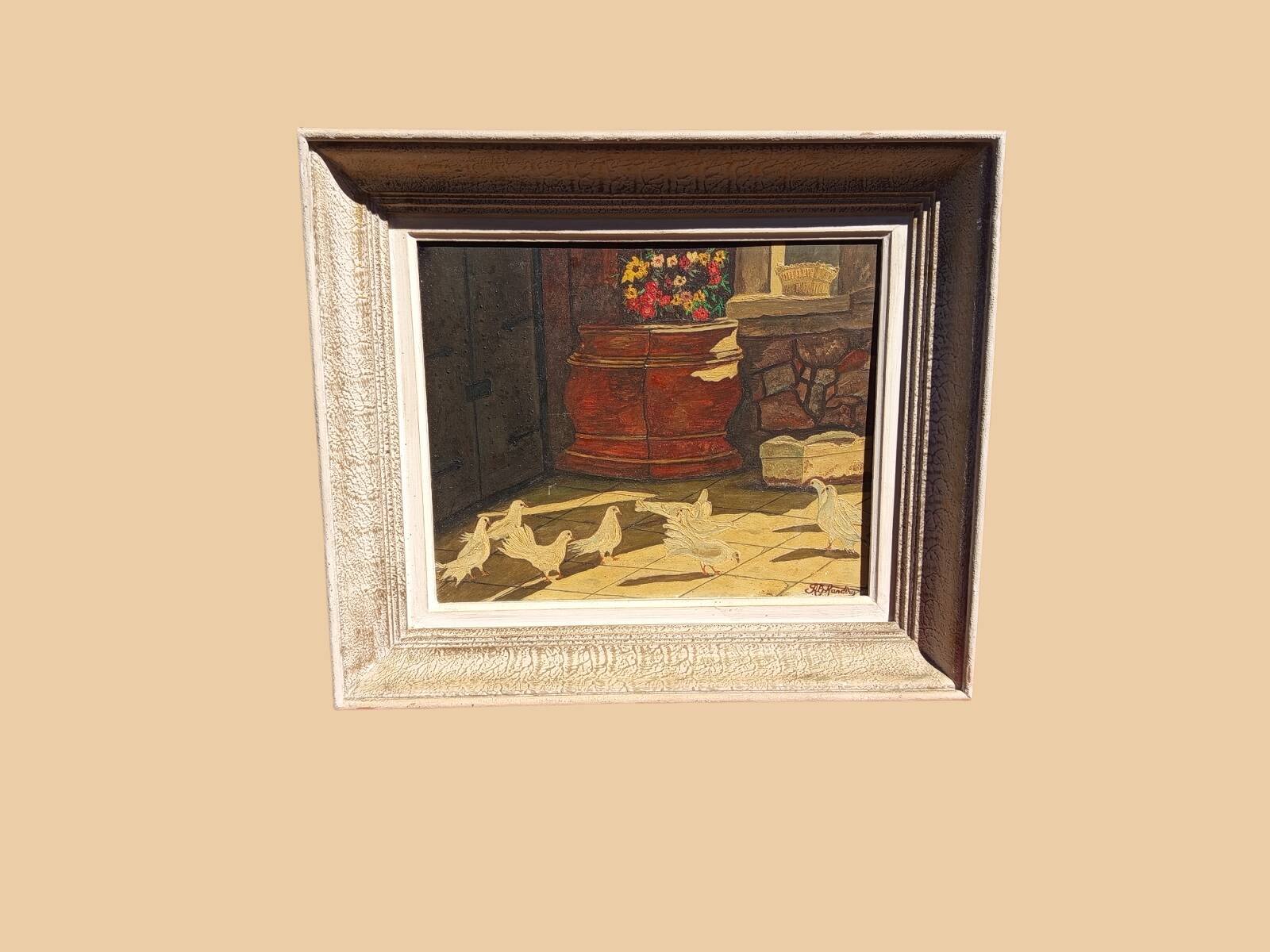 Signed Alphadery Painting – Doves in a Sunlit Courtyard, Antique Frame