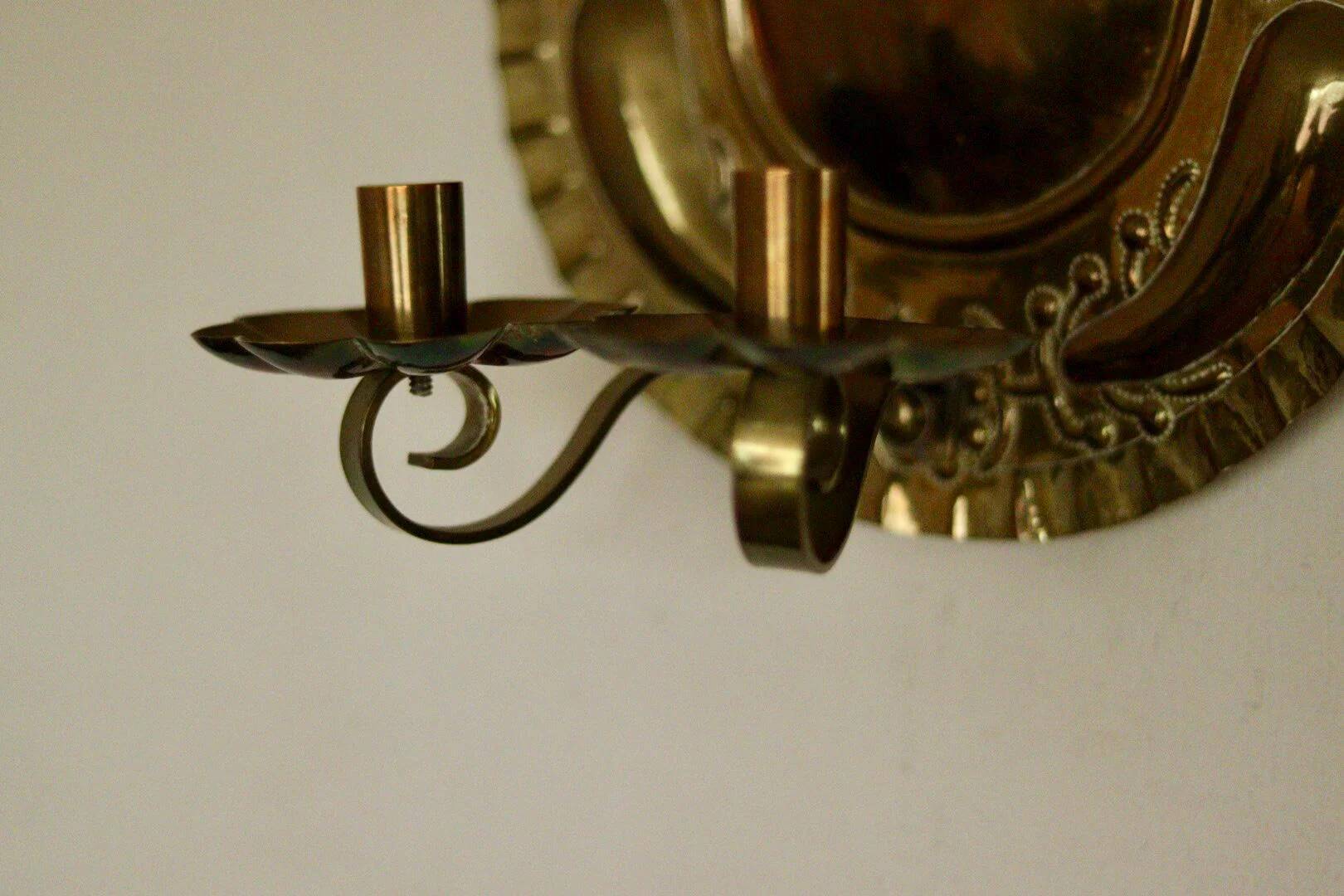 X-large mid-century Swedish brass Baroque sconce with double arm design
