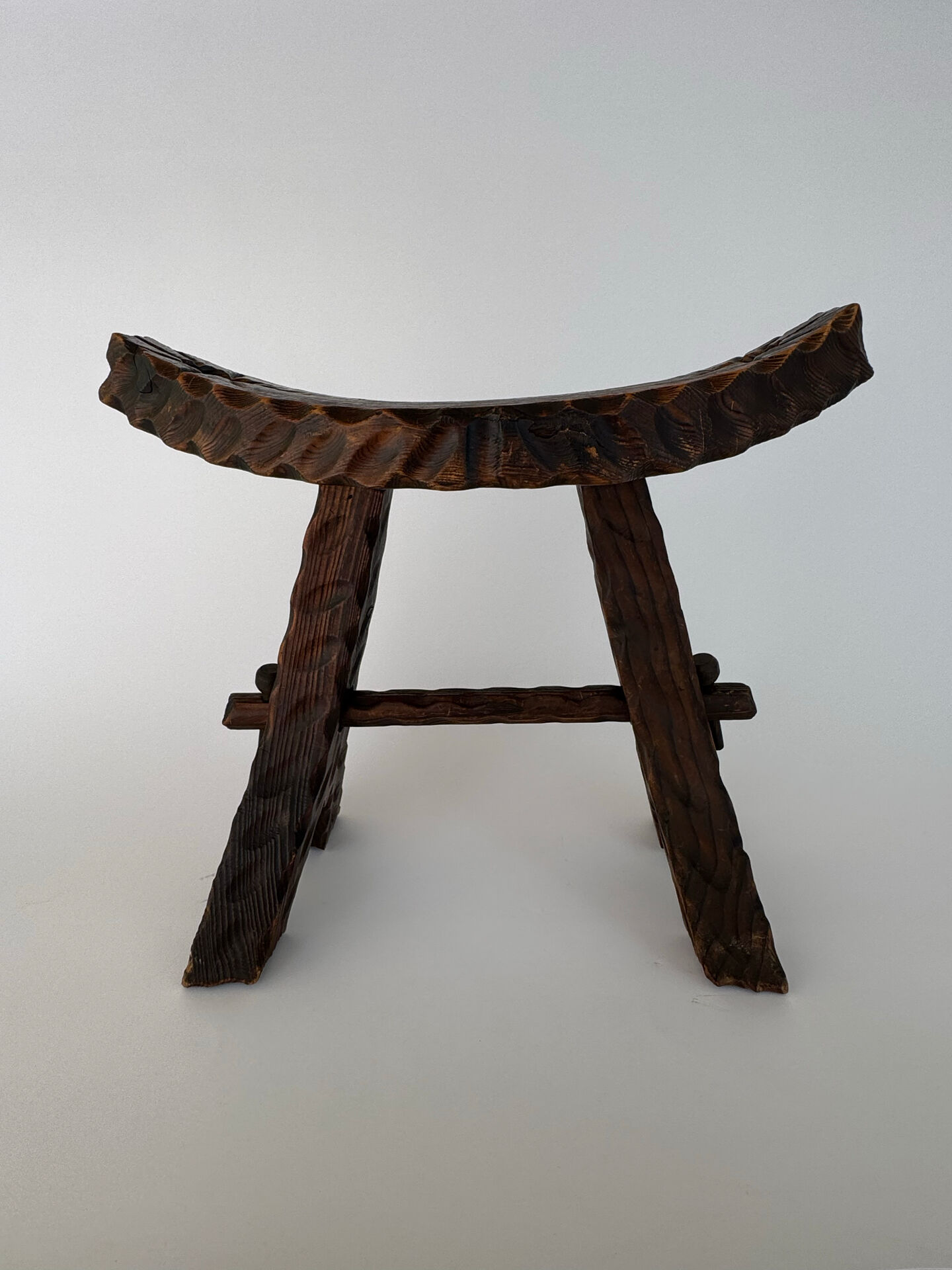 Vintage Brutalist Hand Carved Wooden Stool