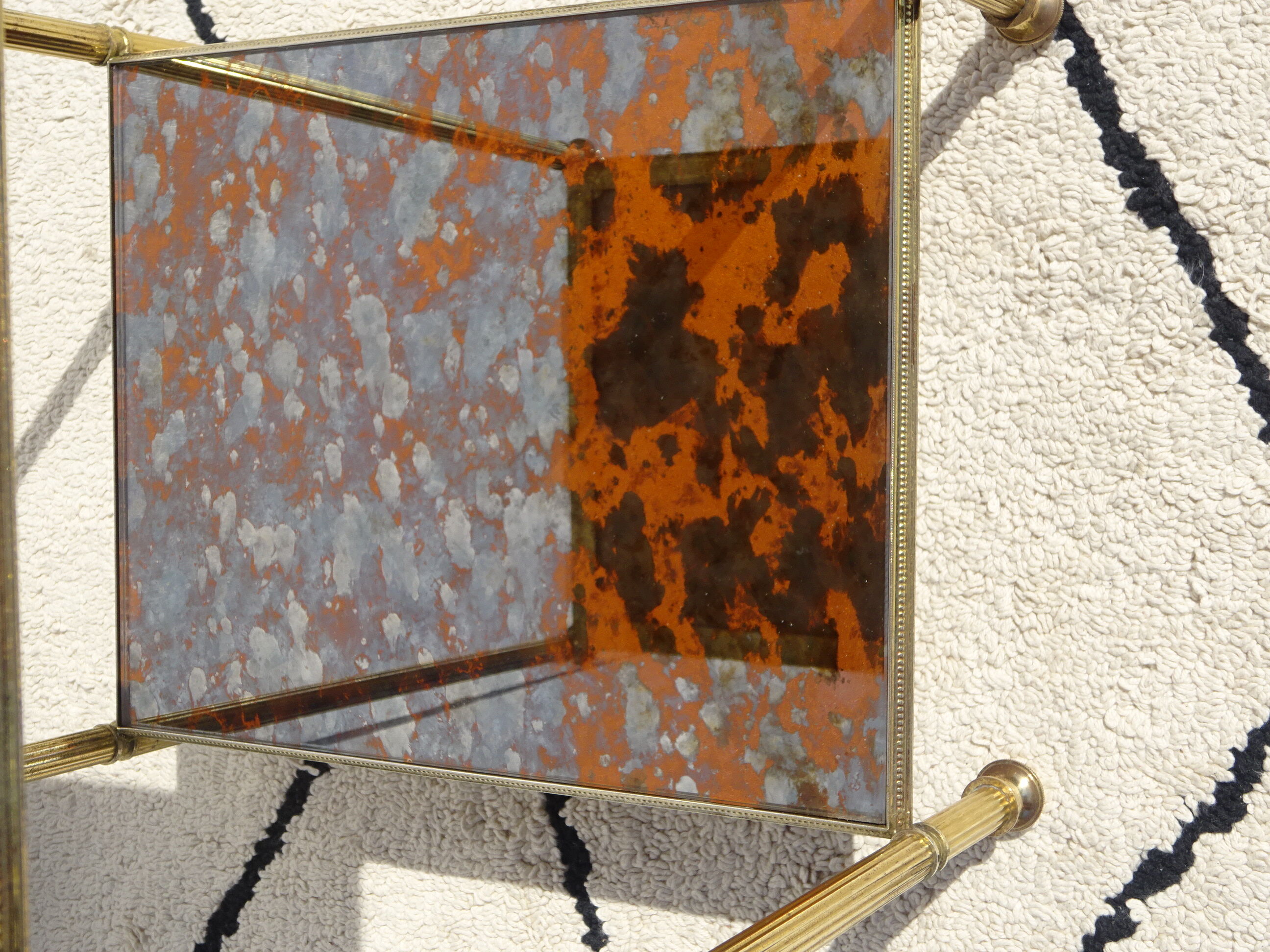 Pair of bedside tables in gilded brass and glass, midcentury