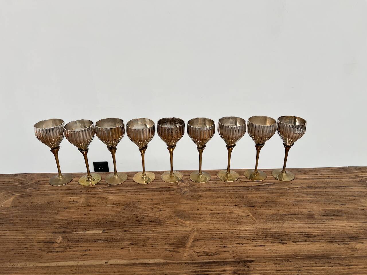 9 old glasses in silver metal and brass