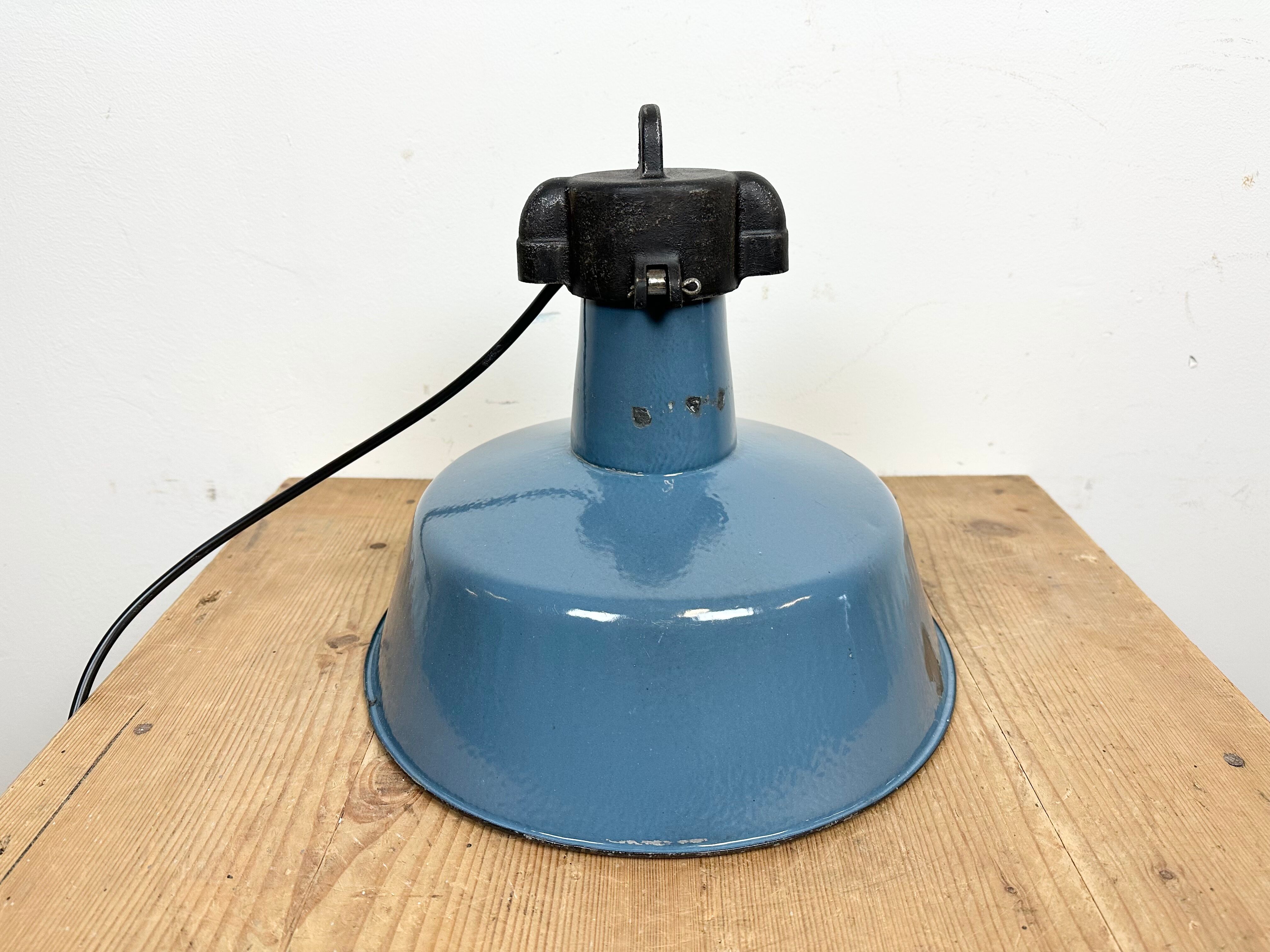 Industrial Blue Enamel Factory Lamp with Cast Iron Top, 1960s