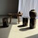 Black petrified wood side table with beige side H35 D24 - 3352