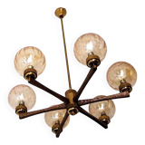 Angelo Brotto intricate gold-plated brass chandelier with 6 globes, 1960s