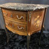 Small Louis XV style half-moon commode with marquetry and bronze decoration