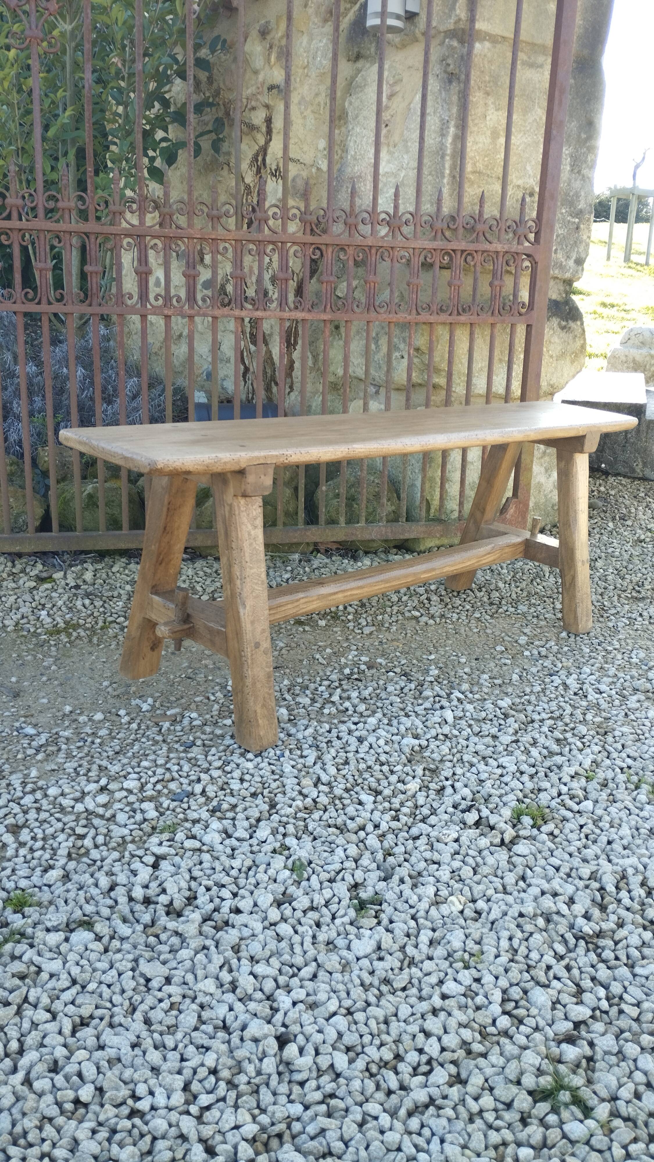 "A frame" bench in solid oak, patinated.