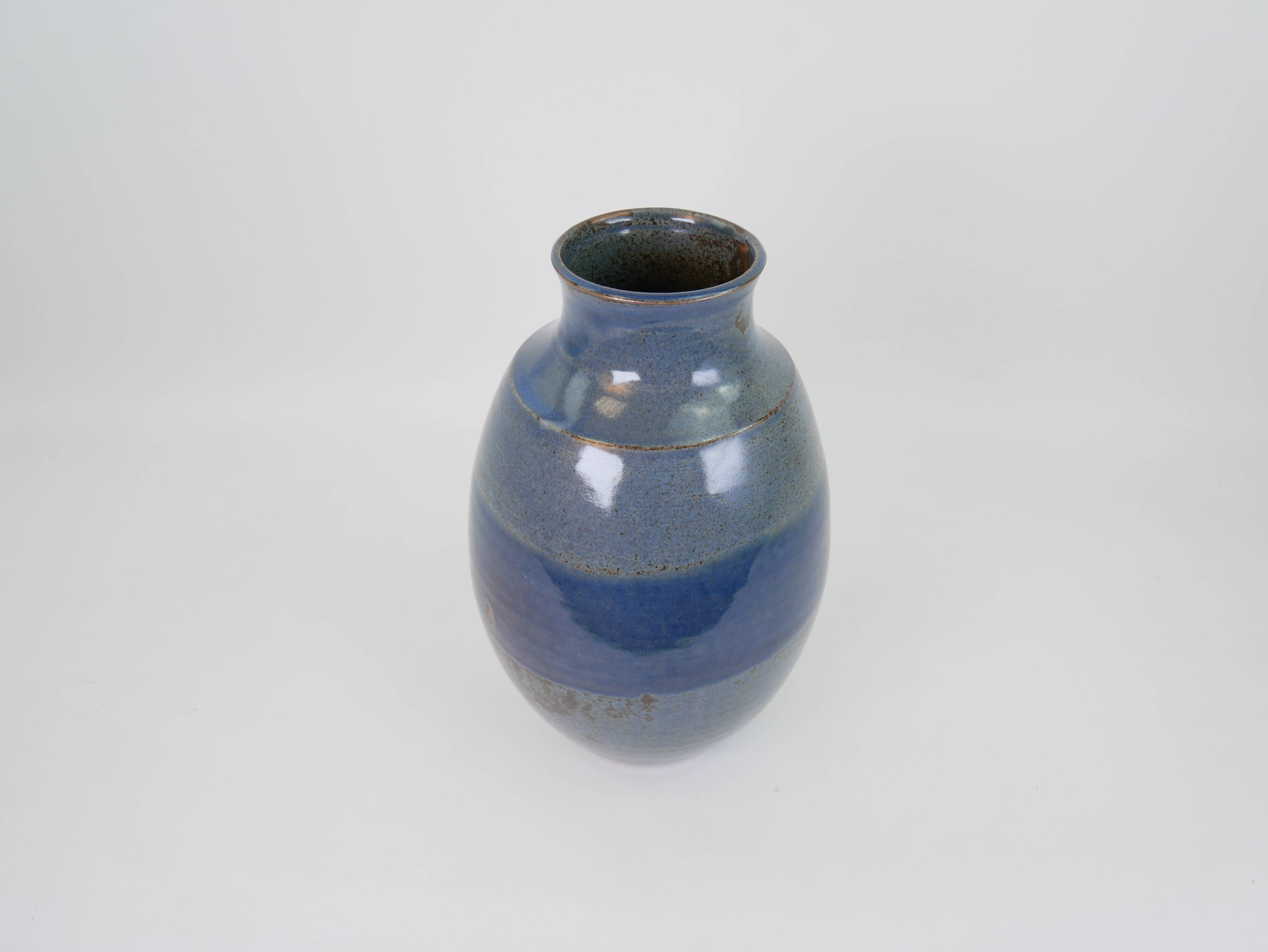 Large blue glazed ceramic vase signed under the base