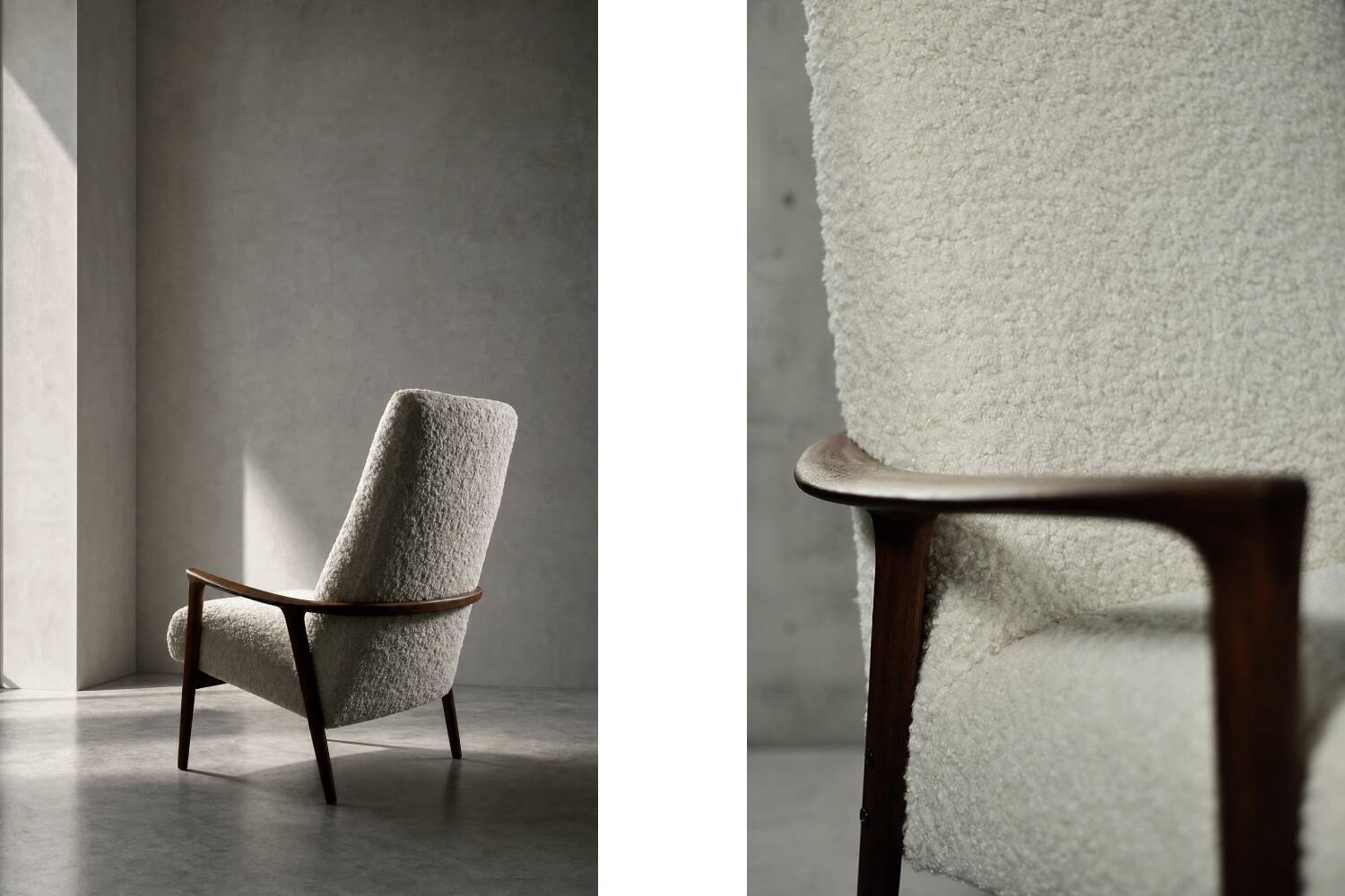 Vintage Mid-Century Scandinavian Modern White Boucle &Teak High Armchair