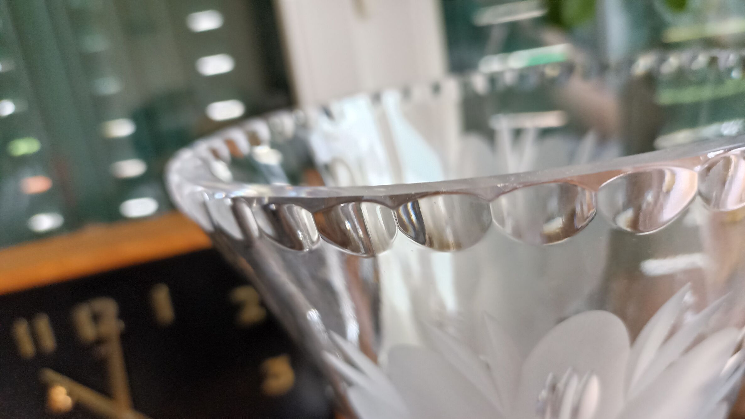 Carved solid crystal vase, floral decoration