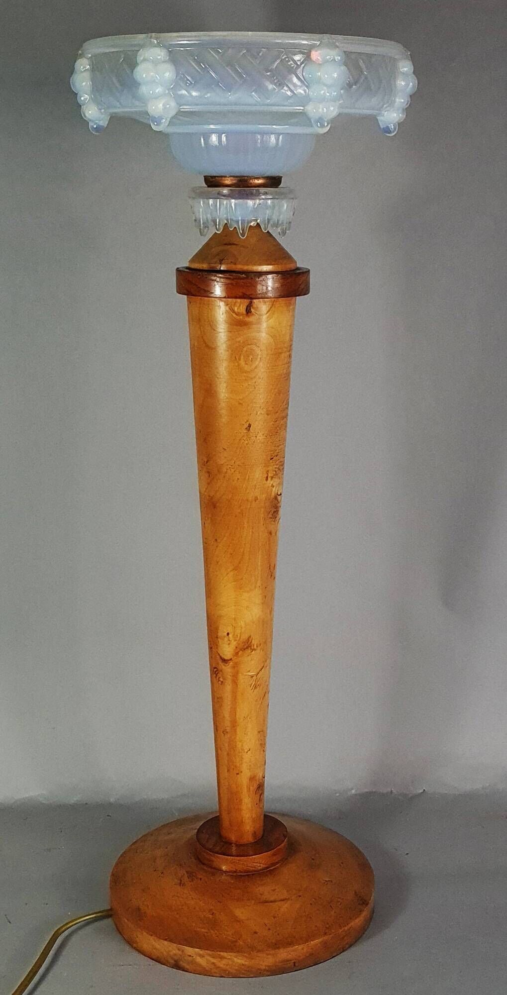 Antique opalescent glass and wood lamp, attributed to Ezan, 61 cm, C786