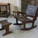 Armchair with ottoman by Angel Pazmino in wood and brown leather 1960's