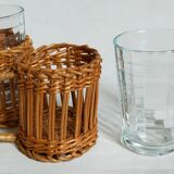 Six vintage 50s glasses in braided rattan cases