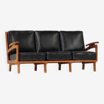 Canapé lounge vintage du milieu du siècle en cuir noir et structure en chêne, 1960