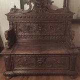 Gothic church chest bench in carved oak