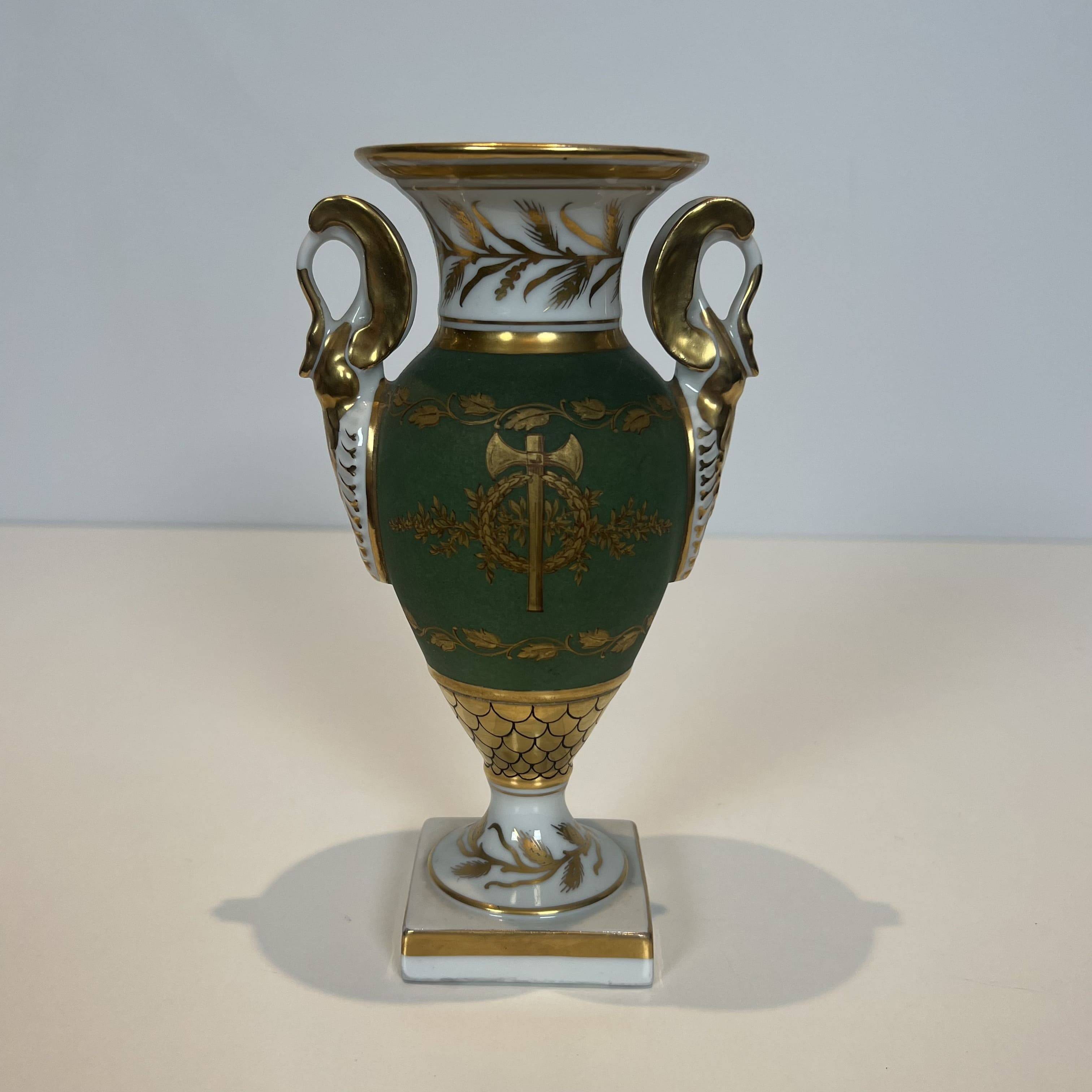 Pair of Empire Style Porcelain Vases, Decorated with Swans and Bundles