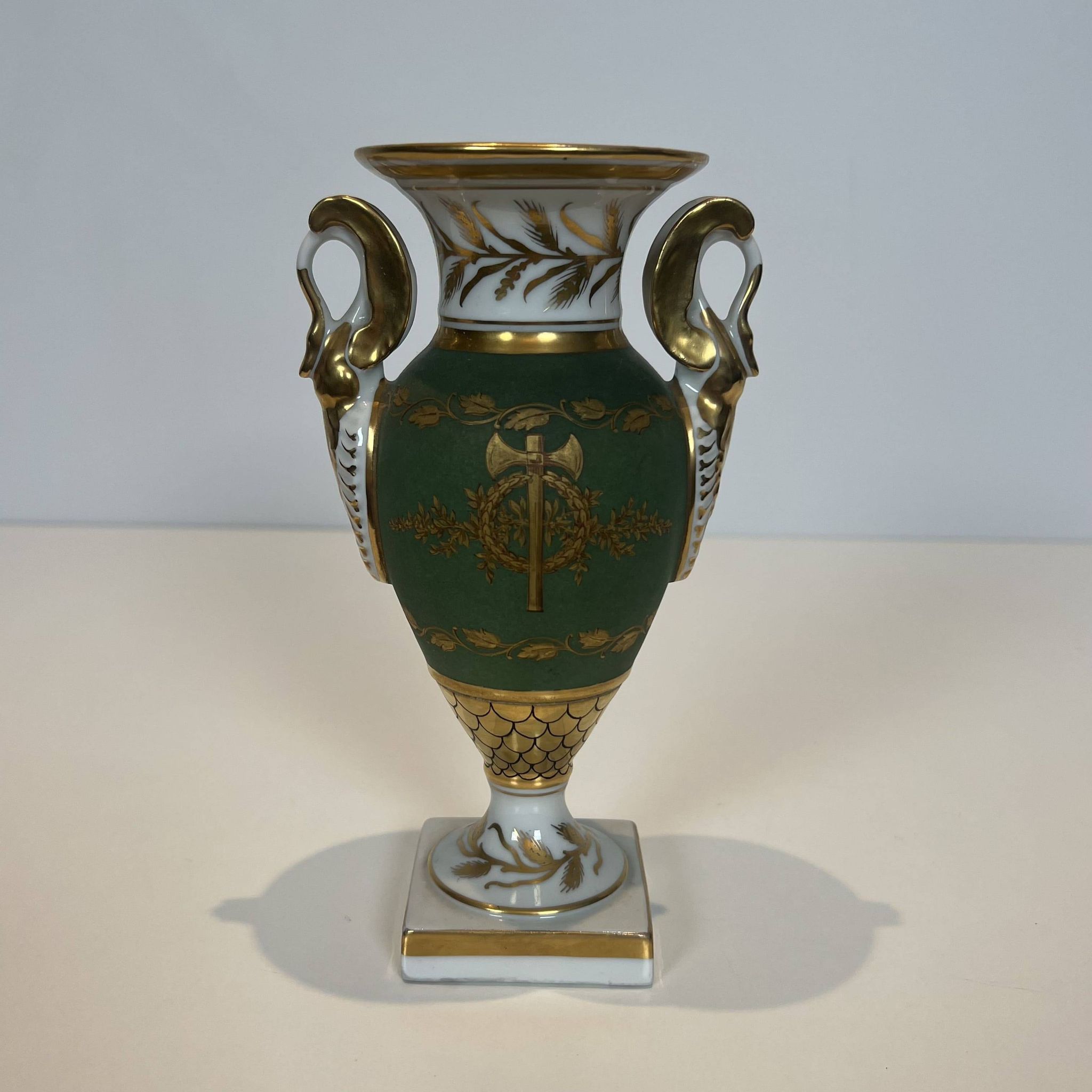 Pair of Empire Style Porcelain Vases, Decorated with Swans and Bundles