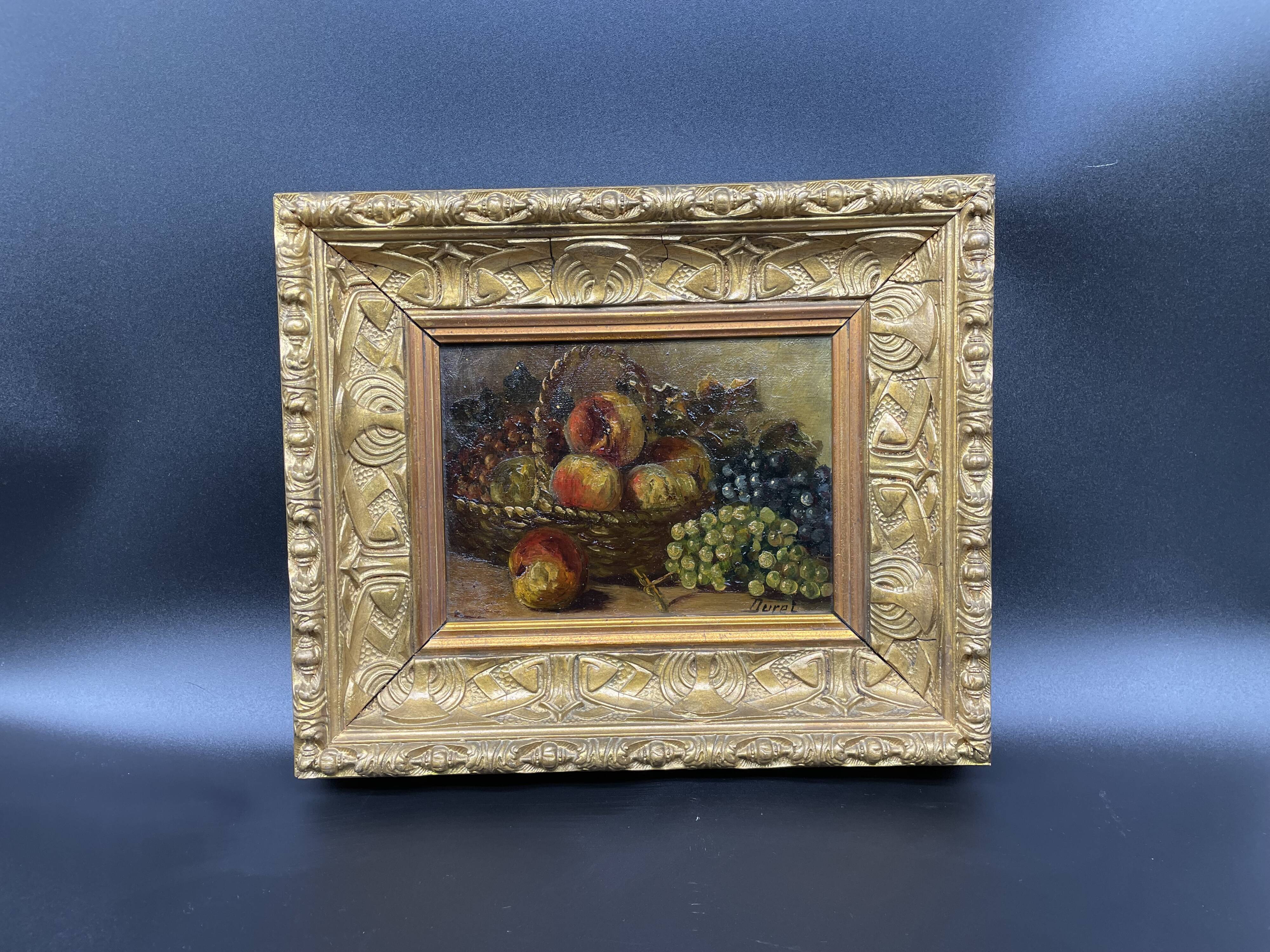 Peinture à l'huile nature morte aux fruits pêches et raisons, panier tressé, signé DURET
