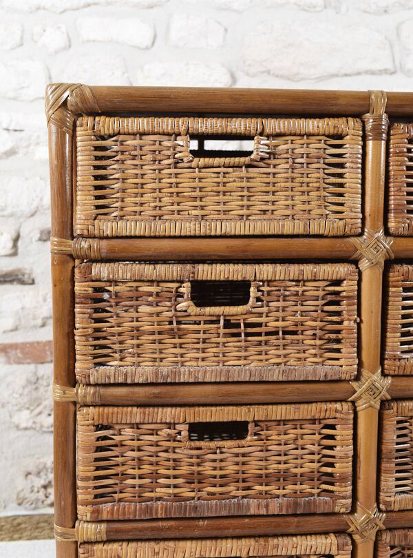 Commode en osier et rotin avec 8 tiroirs