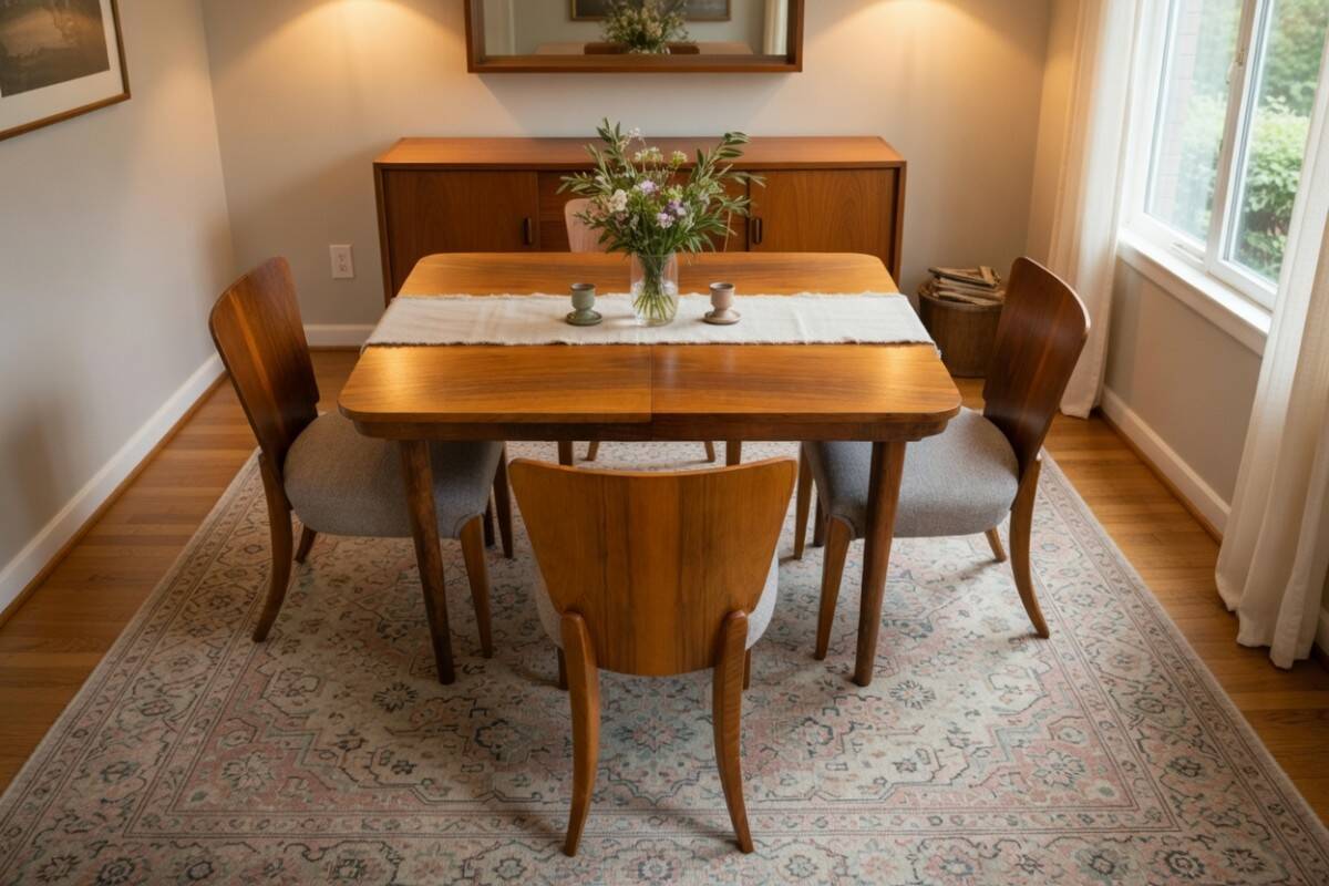 Table à manger avec quatre chaises, première moitié du 20e siècle. Après rénovation.