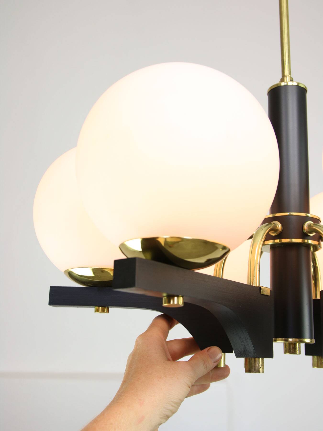 Mid-Century Modern Italian Brass and Opaline Chandelier