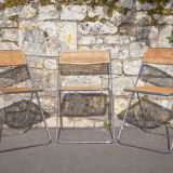 Set of 3 folding chairs in rattan and chromed metal, vintage chair, design, 60's