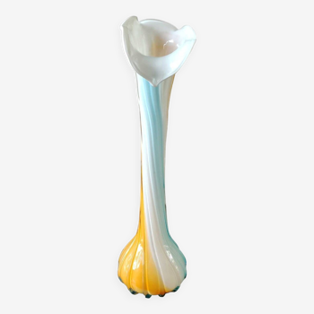 Ancien grand vase  soliflore en verre opalin vénitien, jack in the pulpit/murano. col forme fleur d arum/triple superposition torsadée multicolores. haut 40 cm