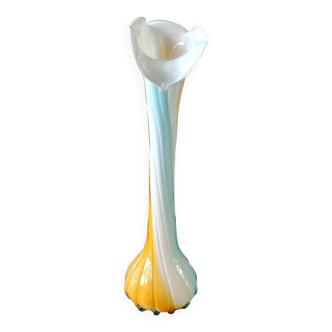 Ancien grand vase  soliflore en verre opalin vénitien, jack in the pulpit/murano. col forme fleur d arum/triple superposition torsadée multicolores. haut 40 cm