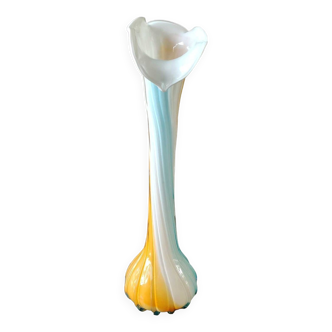 Antique large soliflore vase in venetian opaline glass, jack in the pulpit/murano. arum flower collar/triple multi-colored twisted overlay. high 40 cm