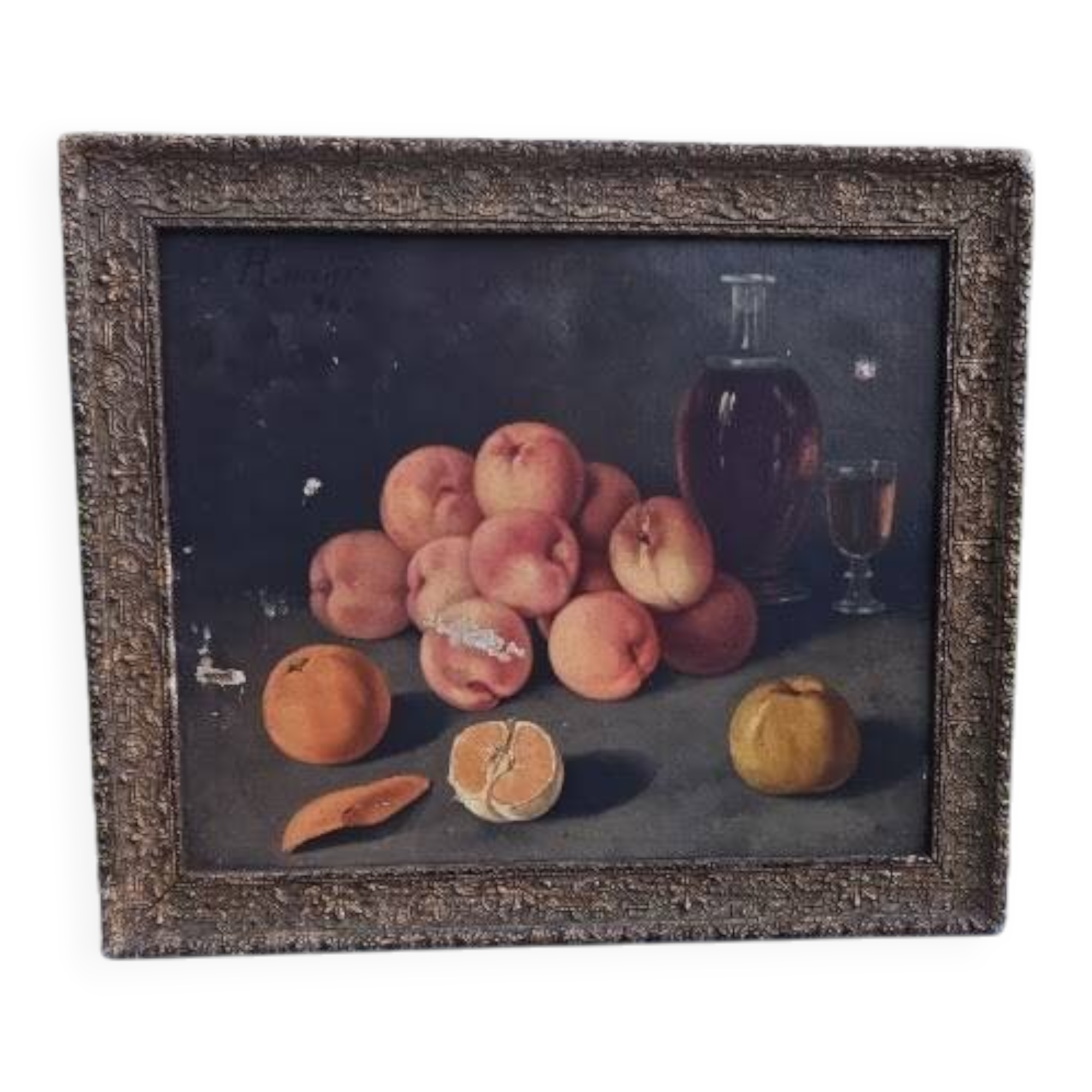 Still life on canvas by Rancière, depicting fruits and a carafe 1896.