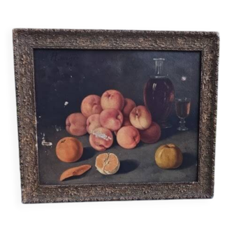 Still life on canvas by Rancière, depicting fruits and a carafe 1896.