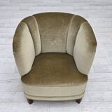 1970s, Danish armchair, original green furniture velour, oak wood.