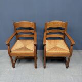 Set of two Dutch oak armchairs with rush seats