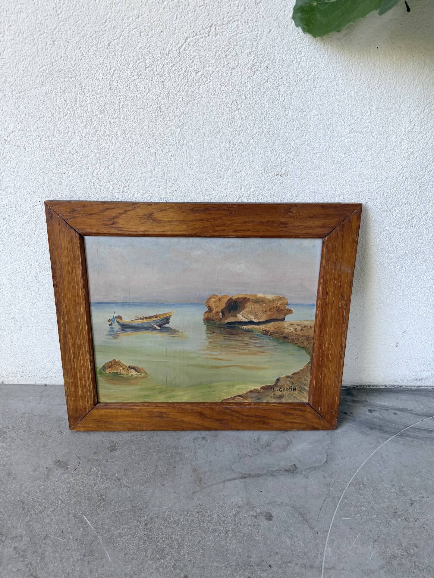 Framed oil painting fisherman L. Garcin