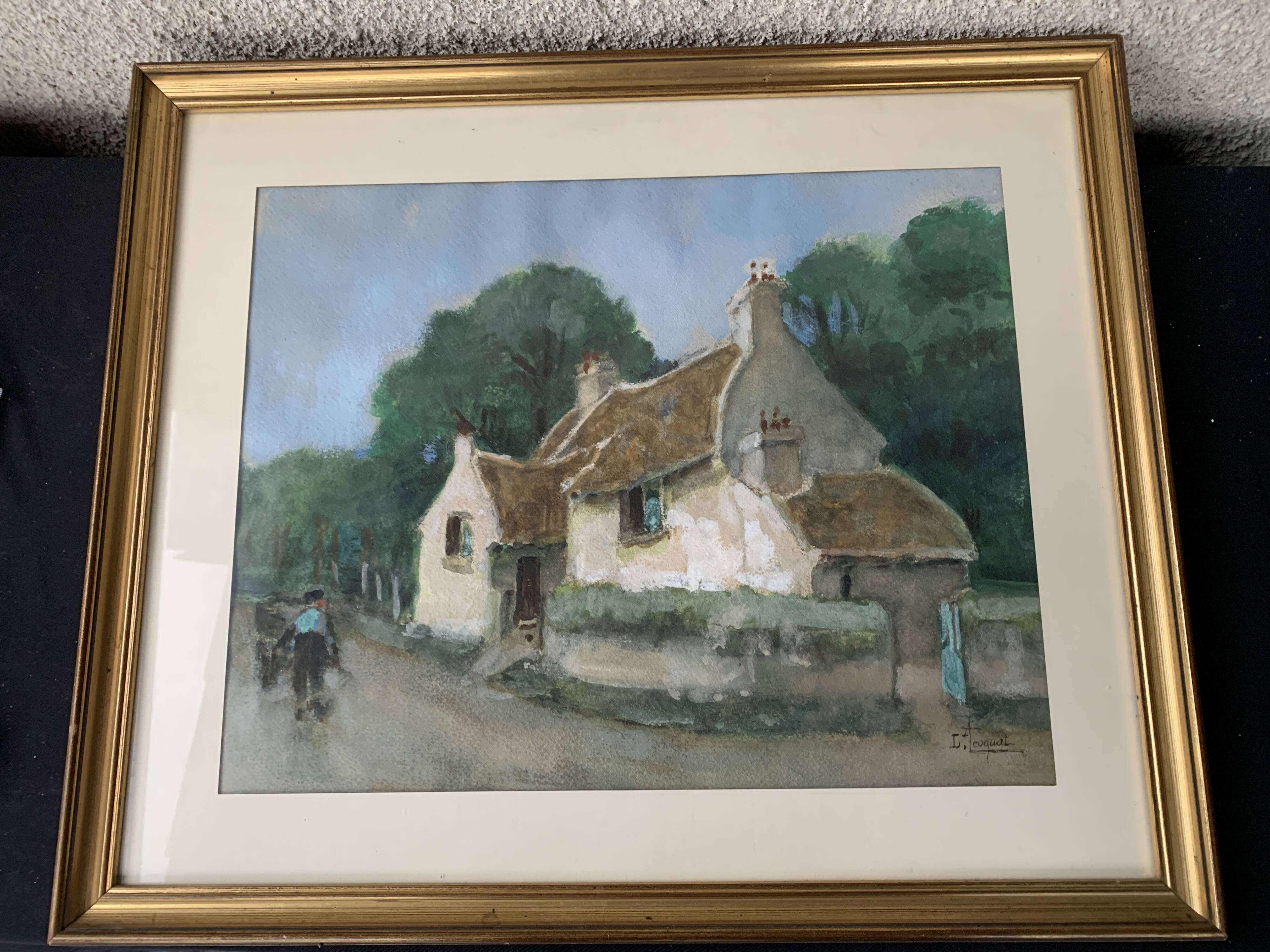 Rare Watercolor Louis Coquat rural landscape