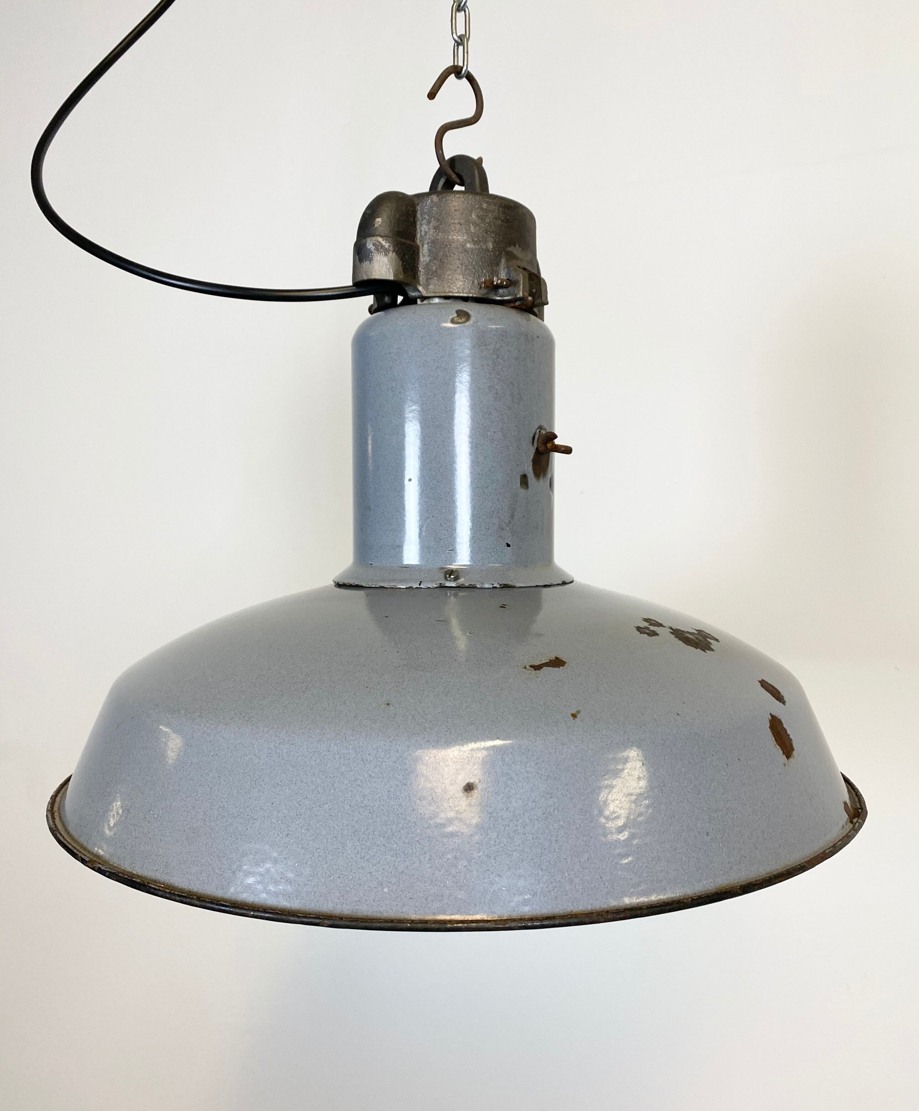 Midcentury grey enamel industrial ceiling lamp, 1950s
