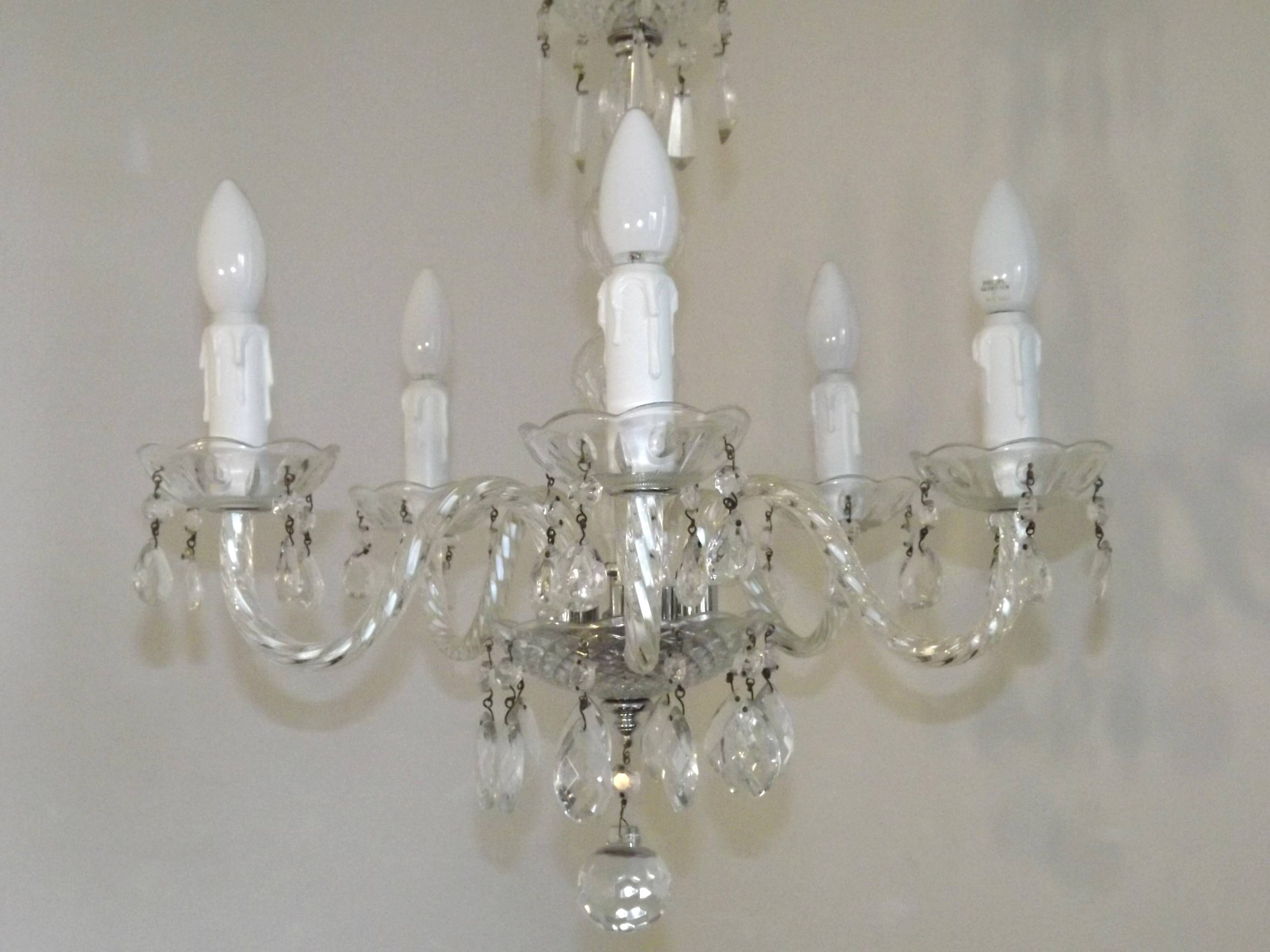 French Vintage  5 Light Barley Twist Glass and Crystal Chandelier