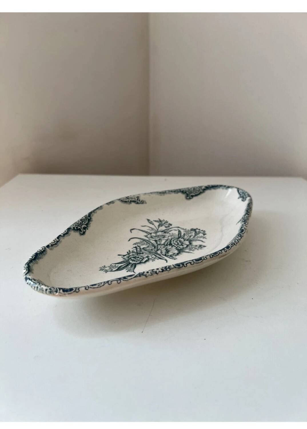Antique Terre de Fer dish with carnation decoration from Clairefontaine