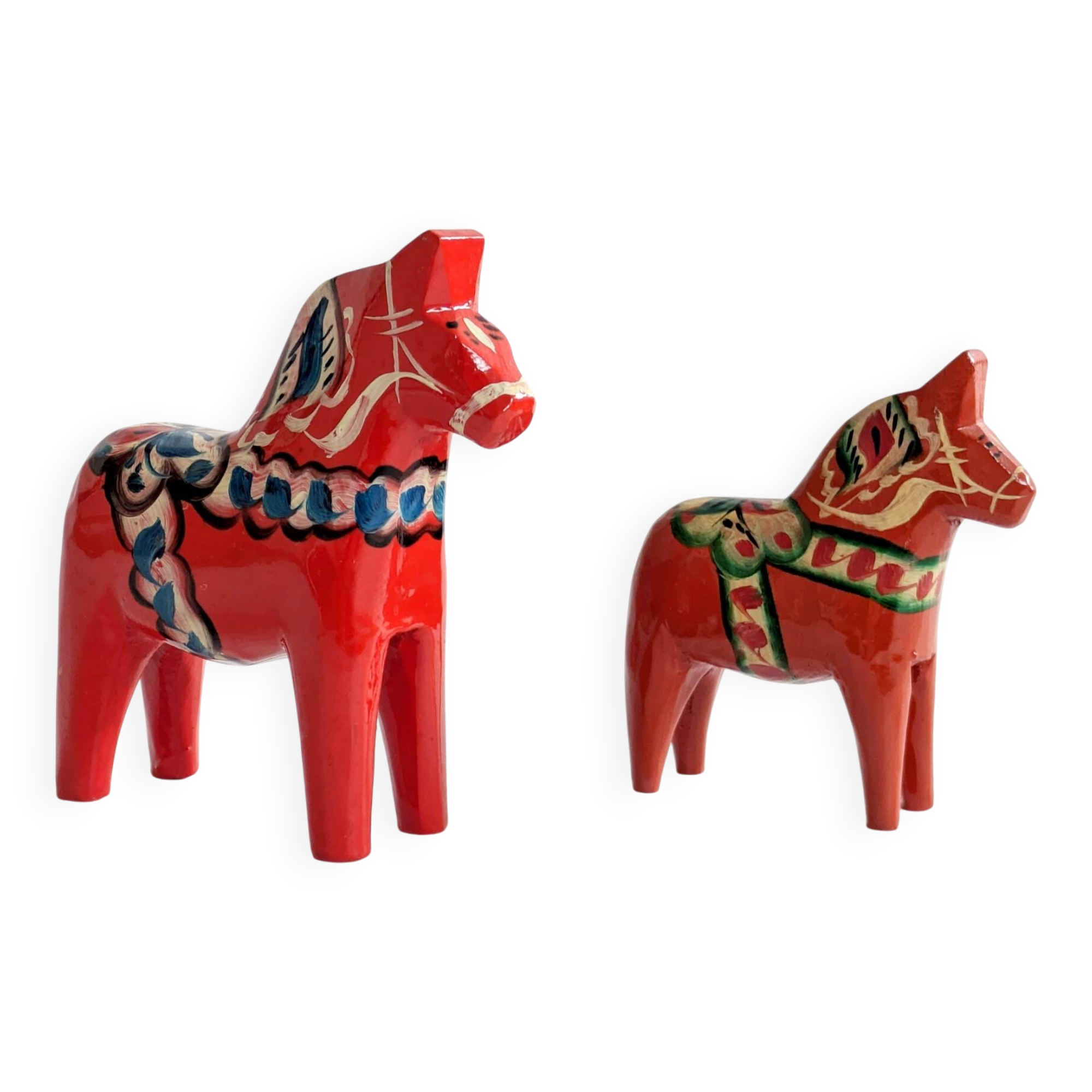 Set of 2 Vintage Swedish Dala Horses in Wood, Hand-Painted Red
