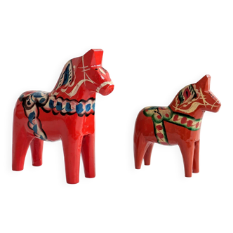 Set of 2 Vintage Swedish Dala Horses in Wood, Hand-Painted Red