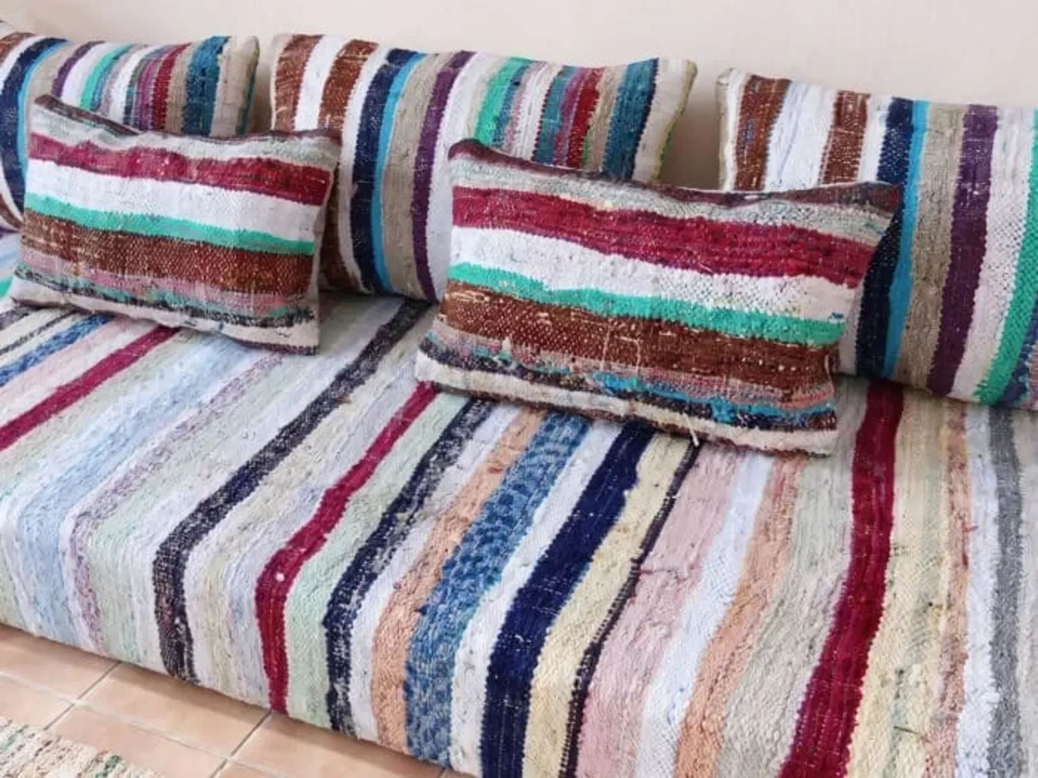 Pastel striped floor cushion, handwoven recycled cotton boucherouite.