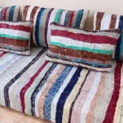 Pastel striped floor cushion, handwoven recycled cotton boucherouite.