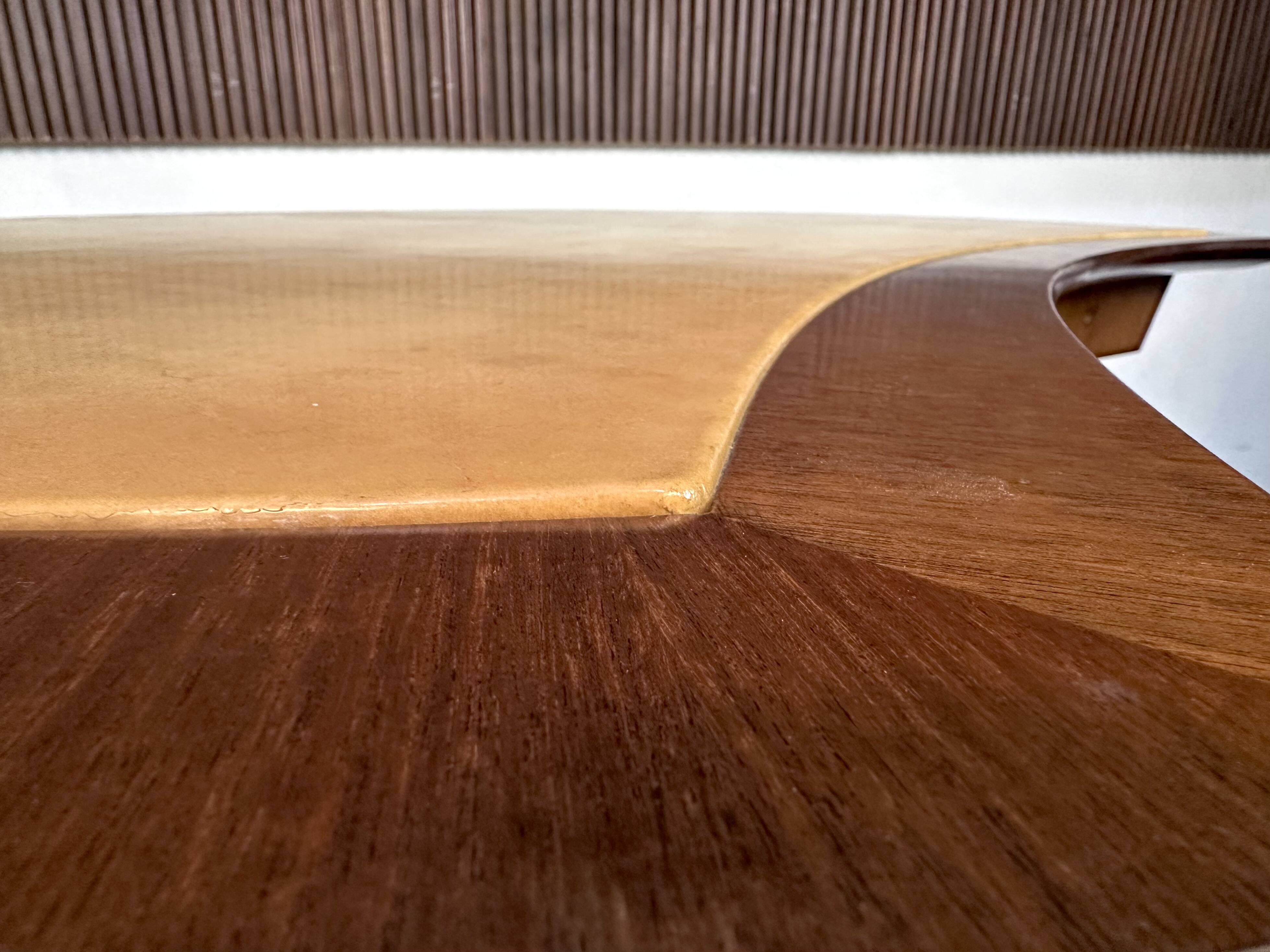 Large Italian Single Column Crescent-Shaped Desk in Goat Skin & Brass 1950s