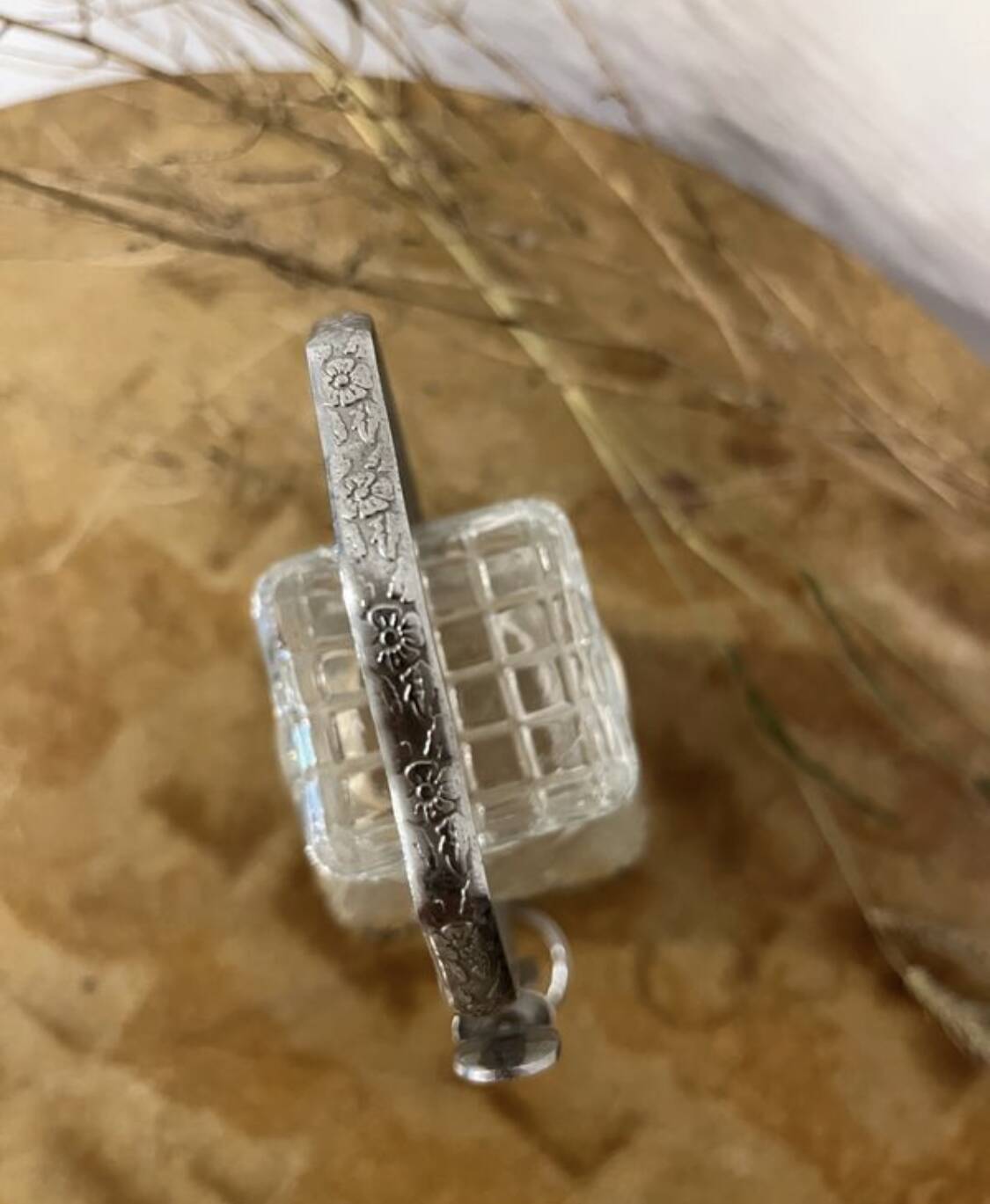 Serving set / condiment pot - crystal glass and chiseled iron