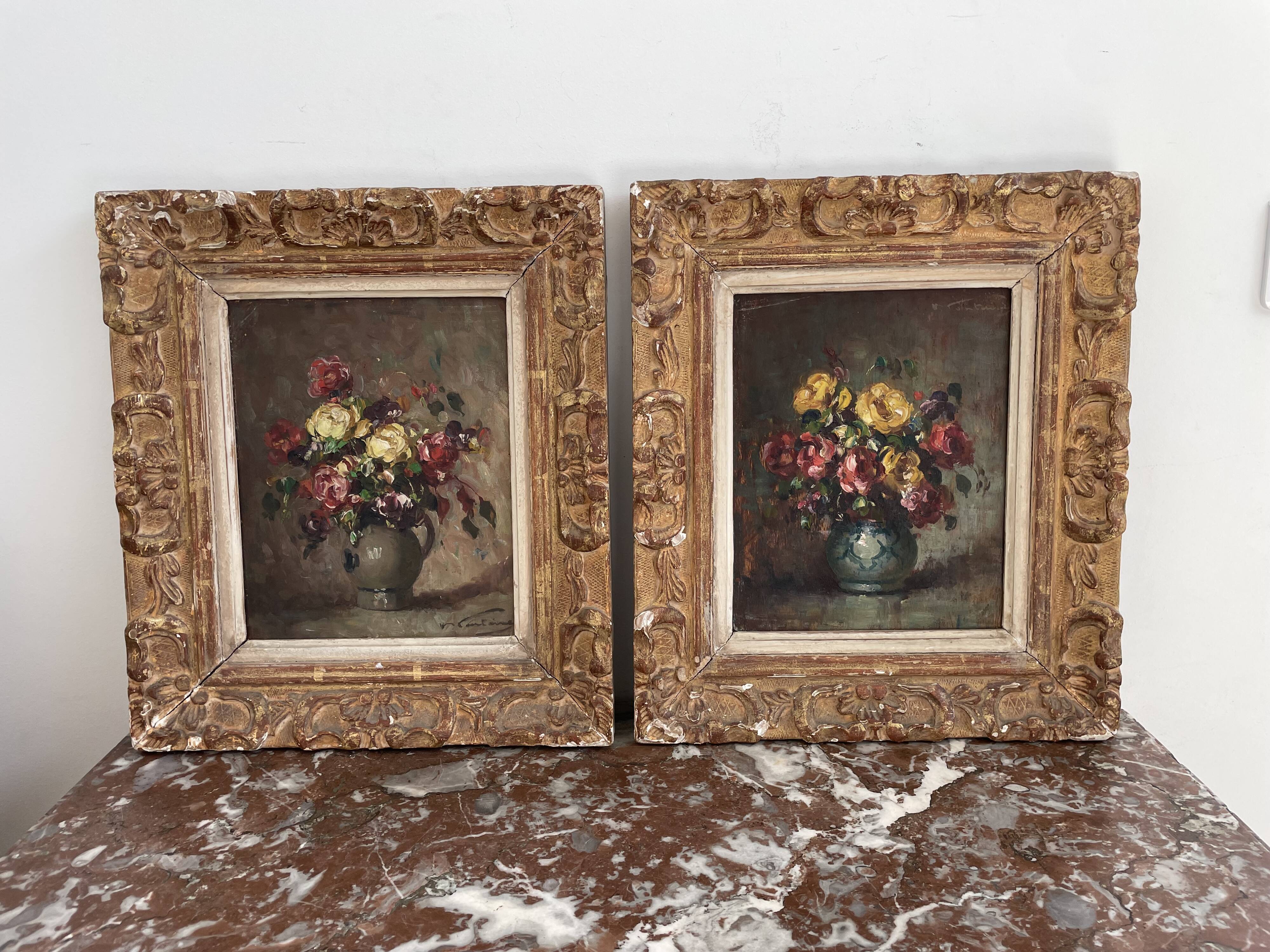 Pair, oil painting, 19th century, still life with bouquet of flowers, wooden frames, signed