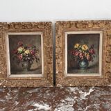 Pair, oil painting, 19th century, still life with bouquet of flowers, wooden frames, signed