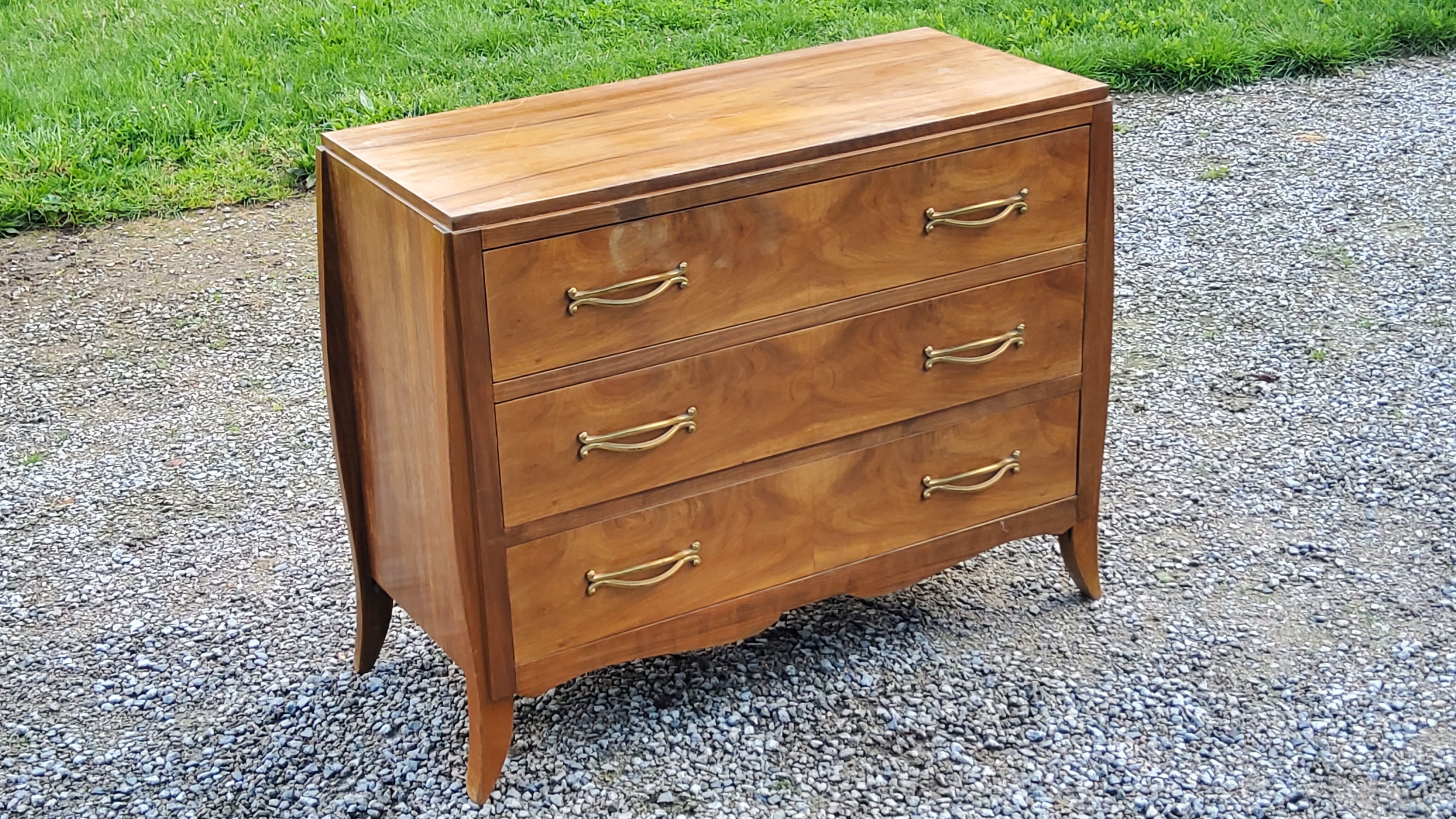 Chest of drawers from the 40s/50s in golden blond walnut 3 drawers feet compass